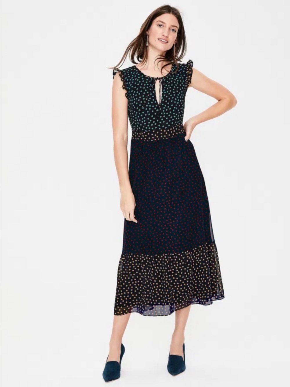 Boden Laura Ruffle Polka Dot Midi Dress